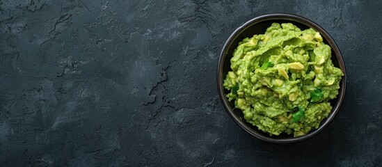 Poster - Top down view of a bowl filled with fresh guacamole on a dark backdrop providing ample copy space for text or editing