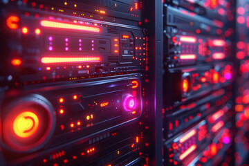 Poster - Elegant server design with glowing neon elements and intricate, abstract data connections,