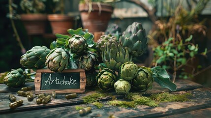 Wall Mural - Artichoke supplements capsules on the table. Selective focus.