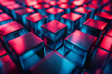 Poster - Abstract 3D render featuring blue cubes with dramatic red lighting highlighting geometric patterns,