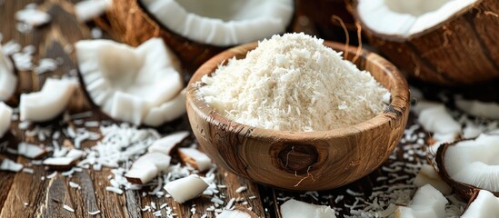 Poster - Close up shot of coconut flour in a wooden bowl surrounded by coconut pieces on a wooden table with copy space image