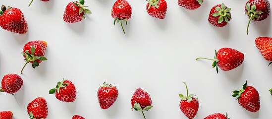 Poster - Top down view of a frame constructed with ripe strawberries on a white background offering ample space for additional images
