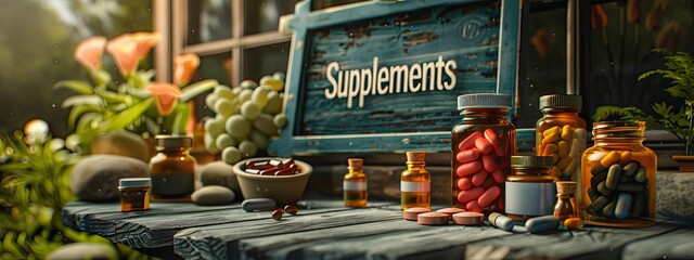 Wall Mural - Supplements and tinctures with flowers and herbs on the table. Selective focus.