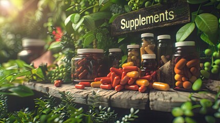 Wall Mural - Supplements and tinctures with flowers and herbs on the table. Selective focus.