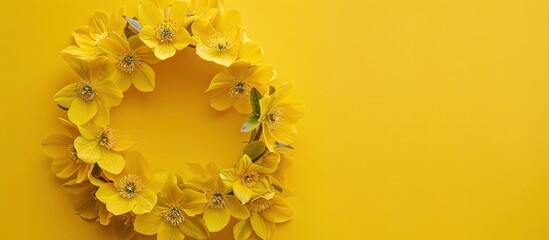 Aufkleber - A circular wreath composed of yellow hellebore blooms on a yellow backdrop A top down view of a floral template with space for text or images. Creative banner. Copyspace image