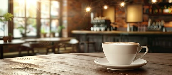 Poster - Coffee cup on the table in a lounge bar background with copy space image