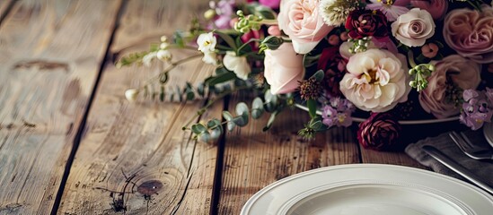 Aufkleber - Bouquet on wooden table next to ceramic plates creates a charming scene in the copy space image