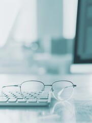 Aufkleber - A pair of eyeglasses are resting on a white keyboard in a blurred office setting. Generative AI