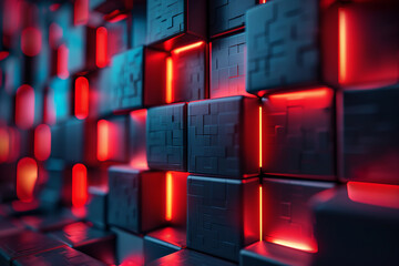 Poster - Clean depiction of a 3D render with blue geometric cubes and dramatic red lighting contrasts,