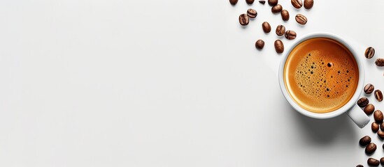 Sticker - Coffee cup with espresso and roasted beans on a white background ideal for a coffee themed wallpaper The image includes copy space and is captured from a top down perspective