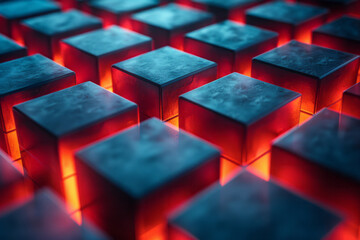 Poster - Modern 3D render showcasing geometric blue cubes with dynamic red illumination creating depth,