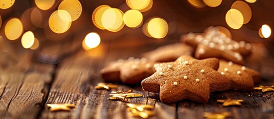 Aufkleber - A close up of star shaped gingerbread cookies on a wooden table with a bokeh of golden New Year s lights in the background creates a festive copy space image for a winter greeting card showcasing del