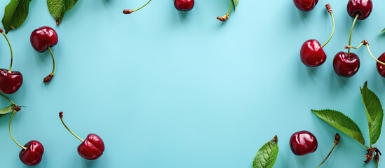 Aufkleber - Top view of a cherry frame on a light blue backdrop with space for adding text ideal for a copy space image