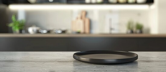 Aufkleber - Blurry kitchen backdrop complements black plate on steel table featuring copy space image
