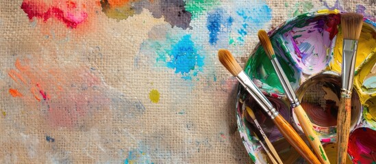 Aufkleber - Colorful watercolors on brown paper with a plastic palette holding painter s brushes Copy space image