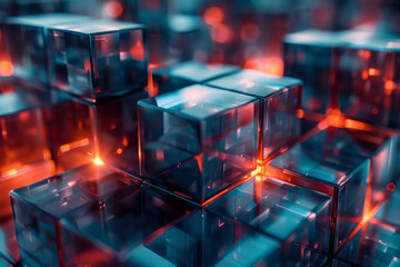 Poster - Sleek 3D visualization of blue cubes in an abstract arrangement with striking red light highlights,