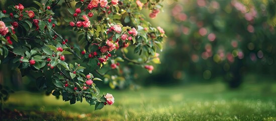 Poster - Blooming apple tree in a garden with green trees in the background providing space for text Copy space image