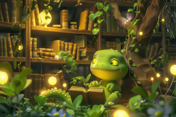 cute green lizard holding book