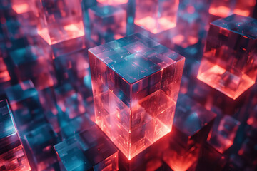Poster - Futuristic abstract scene with glowing blue cubes and radiant red lighting creating visual interest,
