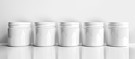 Poster - A collection of sleek white cosmetic jars for beauty products displayed isolated on a white background for a copy space image