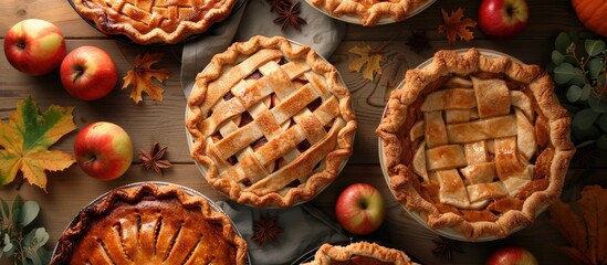 Poster - Top view of assorted Thanksgiving pies with pumpkins and apples showcasing copy space image Traditional fall apple and pumpkin pies for the autumn season holiday