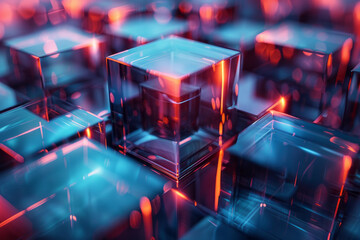 Poster - Stylish 3D render featuring blue cubes with vivid red illumination enhancing the abstract design,
