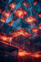 Poster - Futuristic abstract render with blue cubes illuminated by dramatic red lighting effects,