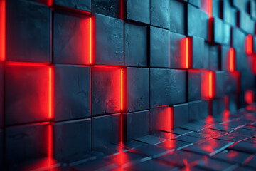 Poster - Clean and modern 3D design featuring blue cubes with intense red lighting creating a striking visual,