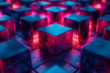 Poster - Clean and modern 3D design featuring blue cubes with intense red lighting creating a striking visual,