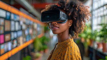 Poster - A woman wearing a virtual reality headset looks towards the right side of the frame, standing in front of a bookshelf with colorful squares.