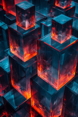 Poster - Abstract geometric pattern with glowing blue cubes and vivid red lighting accents,