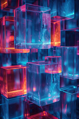 Poster - Abstract geometric pattern with glowing blue cubes and vivid red lighting accents,