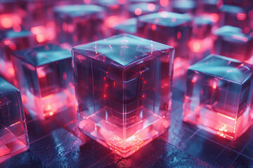 Poster - Stylish 3D scene showcasing interconnected blue cubes with radiant red illumination,