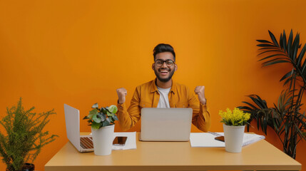 Wall Mural - young indian man working on laptop on yellow background