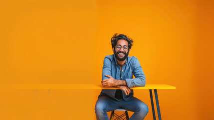 Wall Mural - young indian man sitting on yellow background