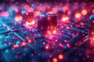 Poster - Futuristic abstract scene featuring a 3D pixel pattern illuminated by vibrant pink and blue neon lights,