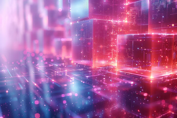 Poster - Futuristic visualization of a pixelated scene featuring luminous pink and blue highlights in a captivating layout,