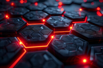 Poster - Stylish abstract visualization of a 3D hexagonal pattern with luminous red lights enhancing the blue background,