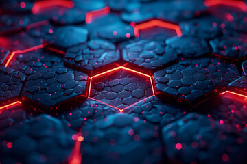 Poster - Stylish abstract visualization of a 3D hexagonal pattern with luminous red lights enhancing the blue background,