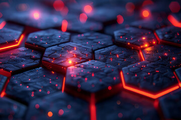 Poster - Clean depiction of a hexagonal structure with glowing red elements contrasting against a rich blue surface,
