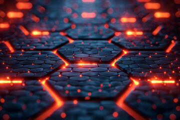 Poster - Elegant design showcasing a 3D hexagonal pattern with dynamic red lights on a sleek blue background,