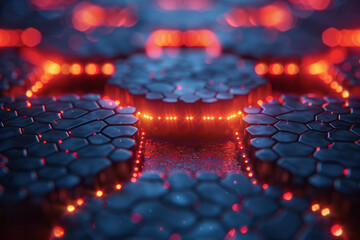 Poster - Elegant design showcasing a 3D hexagonal pattern with dynamic red lights on a sleek blue background,