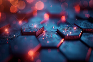 Poster - Modern abstract representation of a hexagonal arrangement with bright red glowing highlights and a blue hue,