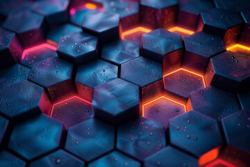 Poster - Modern abstract representation of a hexagonal arrangement with bright red glowing highlights and a blue hue,