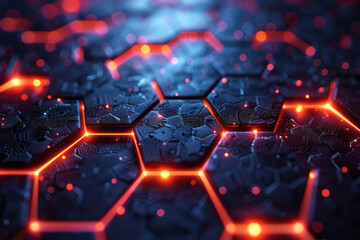 Poster - Abstract 3D visualization of a hexagonal design illuminated by vivid red lights on a striking blue background,