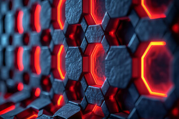 Poster - artistic interpretation of a 3d hexagonal pattern with swirling red lights set against a calming blu