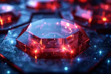 Poster - Abstract 3D visualization of a hexagonal design illuminated by vivid red lights on a striking blue background,