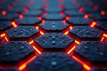Poster - Sleek design featuring a hexagonal pattern with radiant red accents and a smooth blue surface,