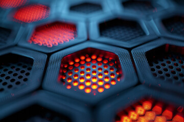 Poster - Sleek design featuring a hexagonal pattern with radiant red accents and a smooth blue surface,