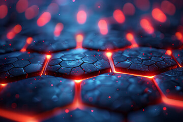 Poster - Beautiful representation of a hexagonal design with luminous red lights enhancing the deep blue environment,